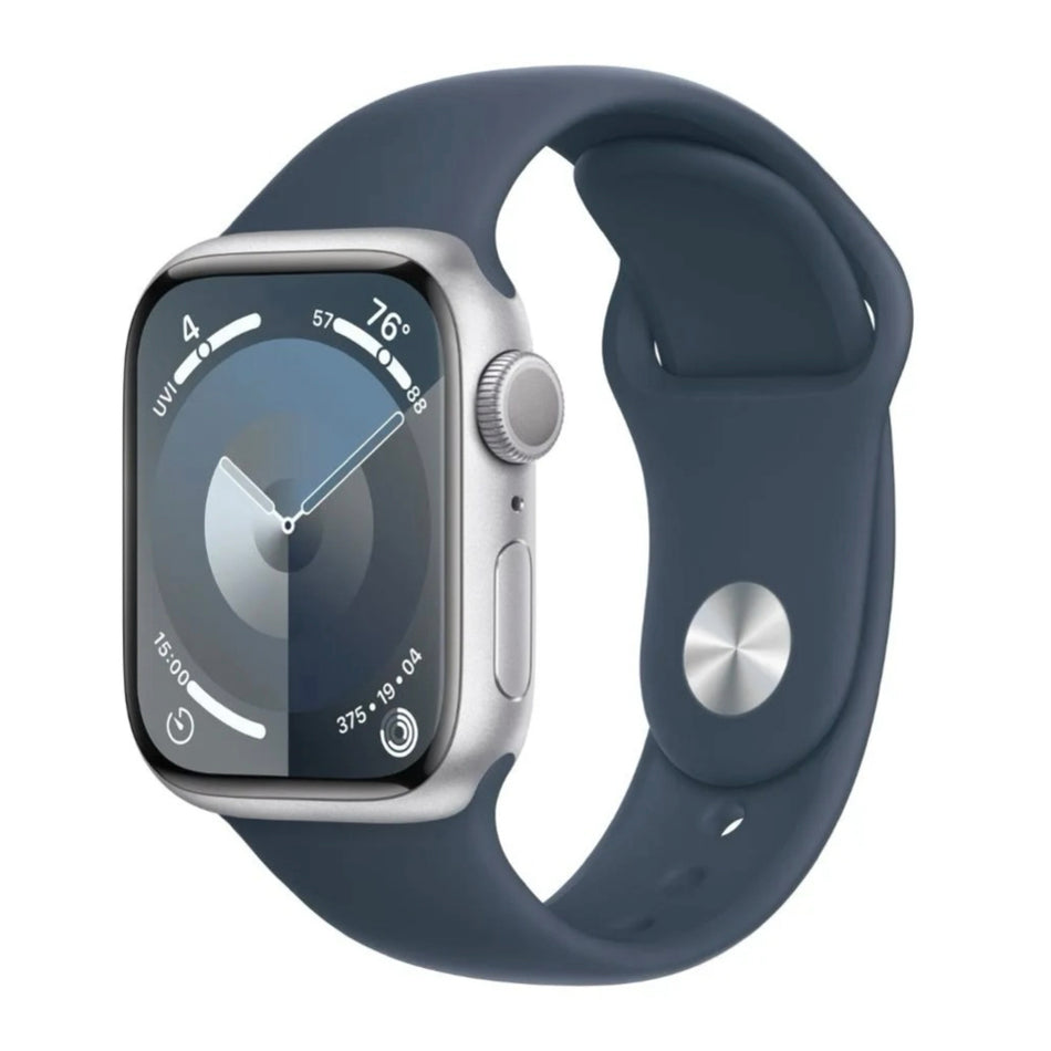 Apple Watch Series 9 (41mm, Silver Aluminium with Storm Blue Sports Band, GPS) - New / 1 Year Apple Warranty - Mac Shack