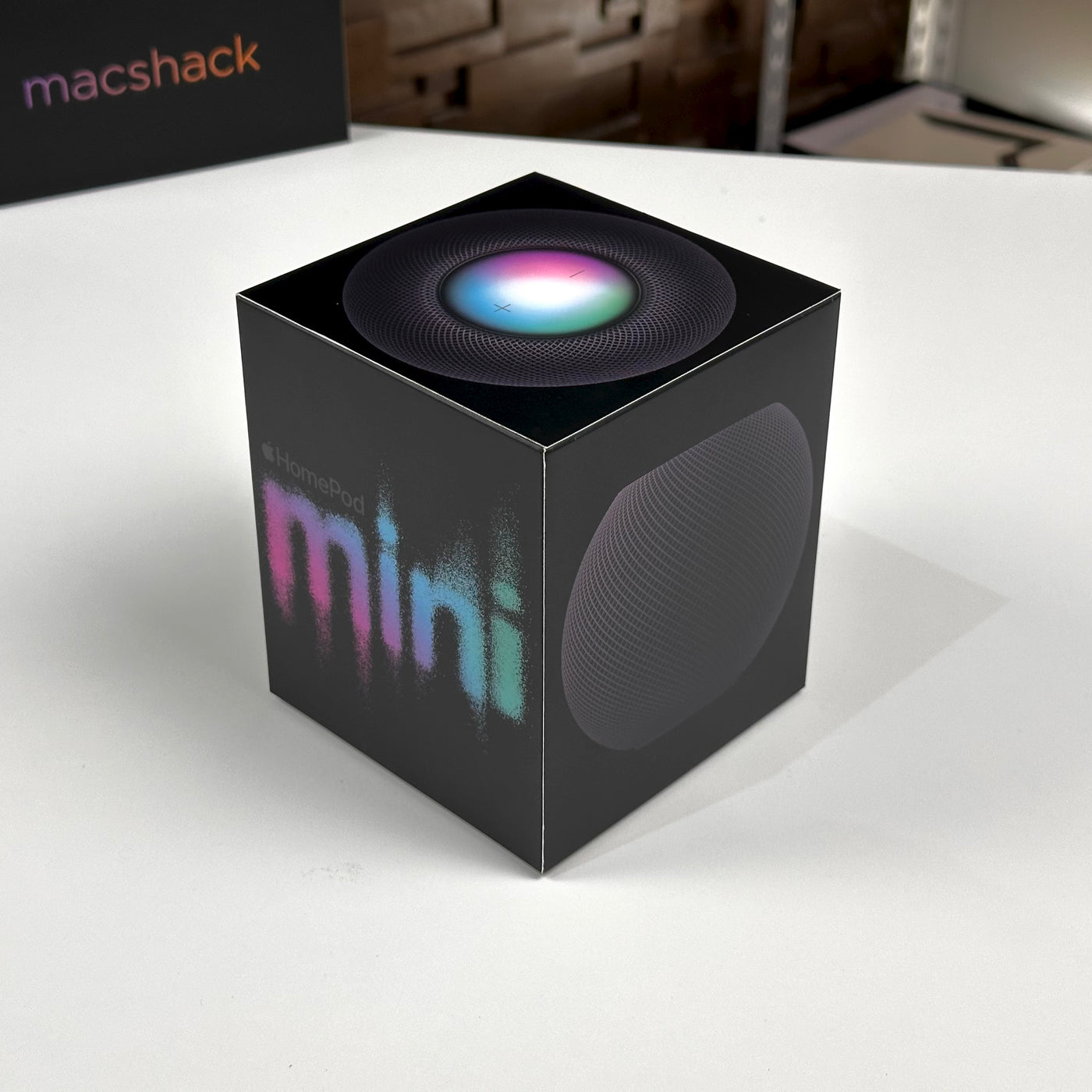 Apple HomePod mini Space Gray retail box, front - Pre-Owned - MacShack