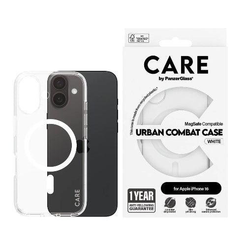 CARE by PanzerGlass® Flagship Case Transparent Urban Combat w. White MagSafe iPhone 16 - Mac Shack