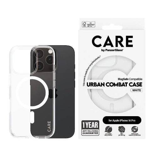 CARE by PanzerGlass® Flagship Case Transparent Urban Combat w. White MagSafe iPhone 16 Pro - Mac Shack