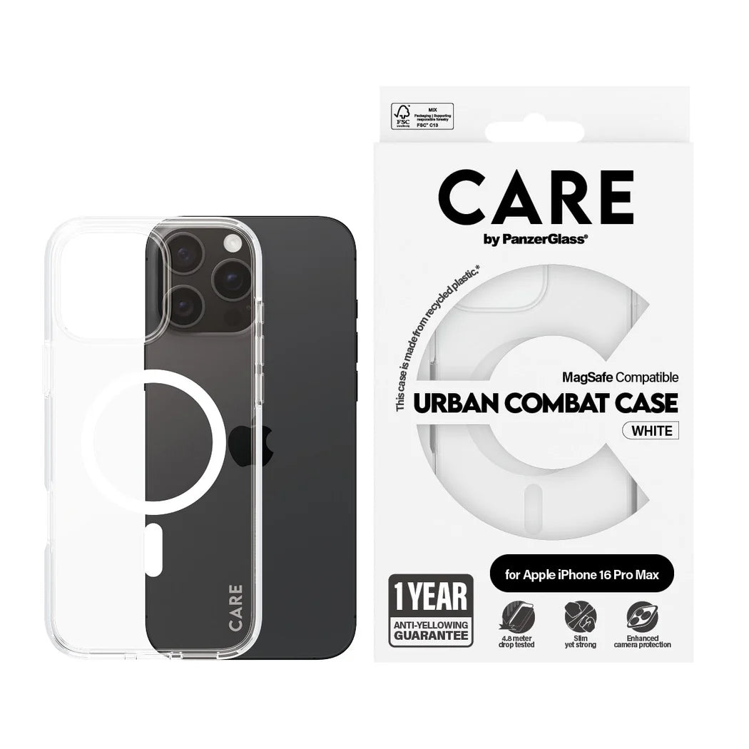 CARE by PanzerGlass® Flagship Case Transparent Urban Combat w. White MagSafe iPhone 16 Pro Max - Mac Shack