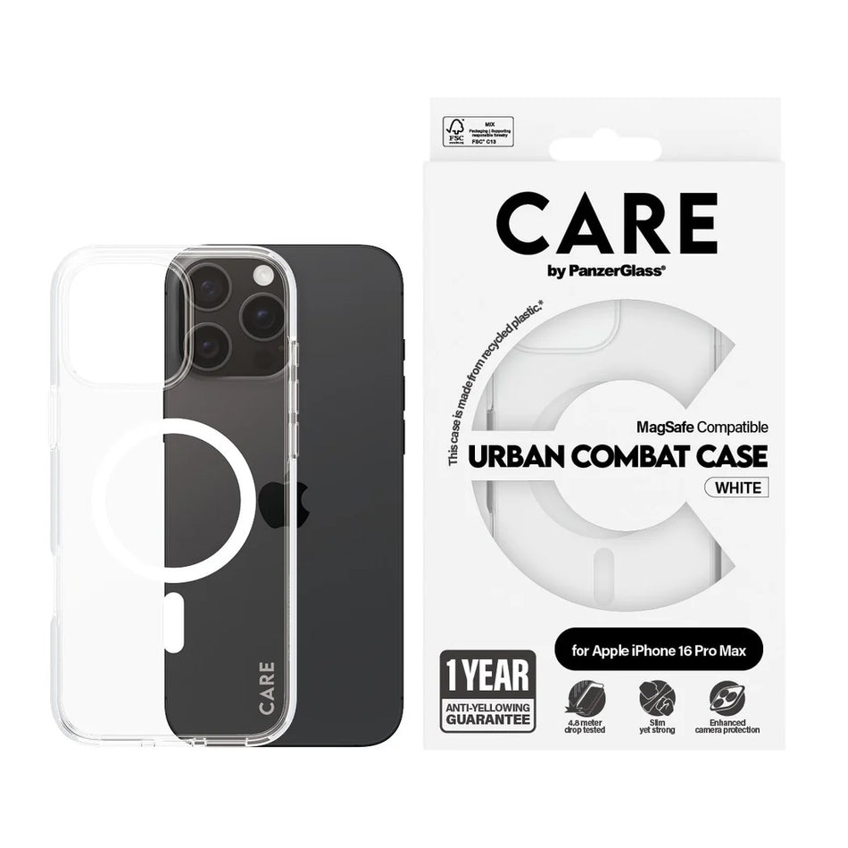 CARE by PanzerGlass® Flagship Case Transparent Urban Combat w. White MagSafe iPhone 16 Pro Max - Mac Shack