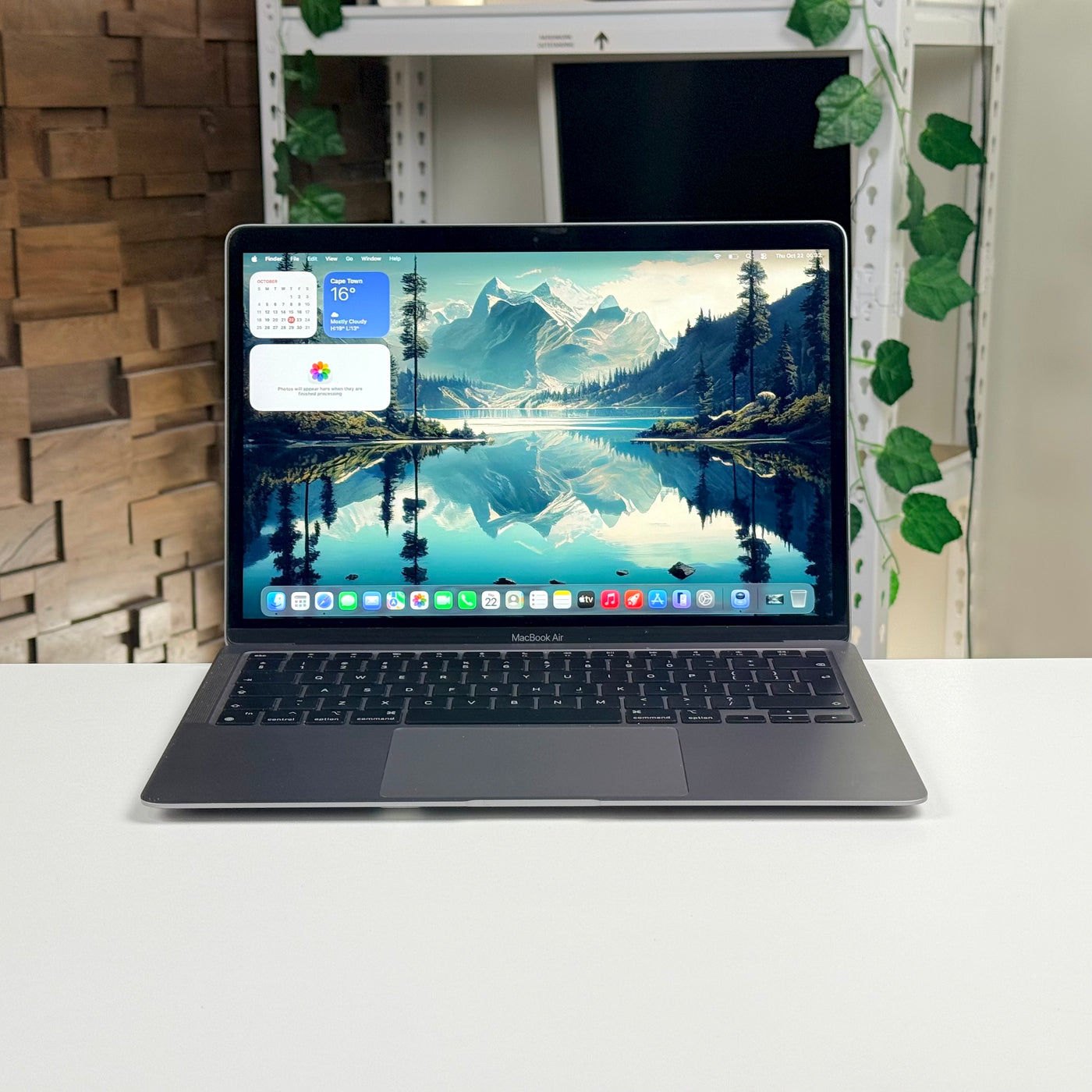 Front view of the pre-owned MacBook Air M1 in Space Gray, open with the screen on - Mac Shack