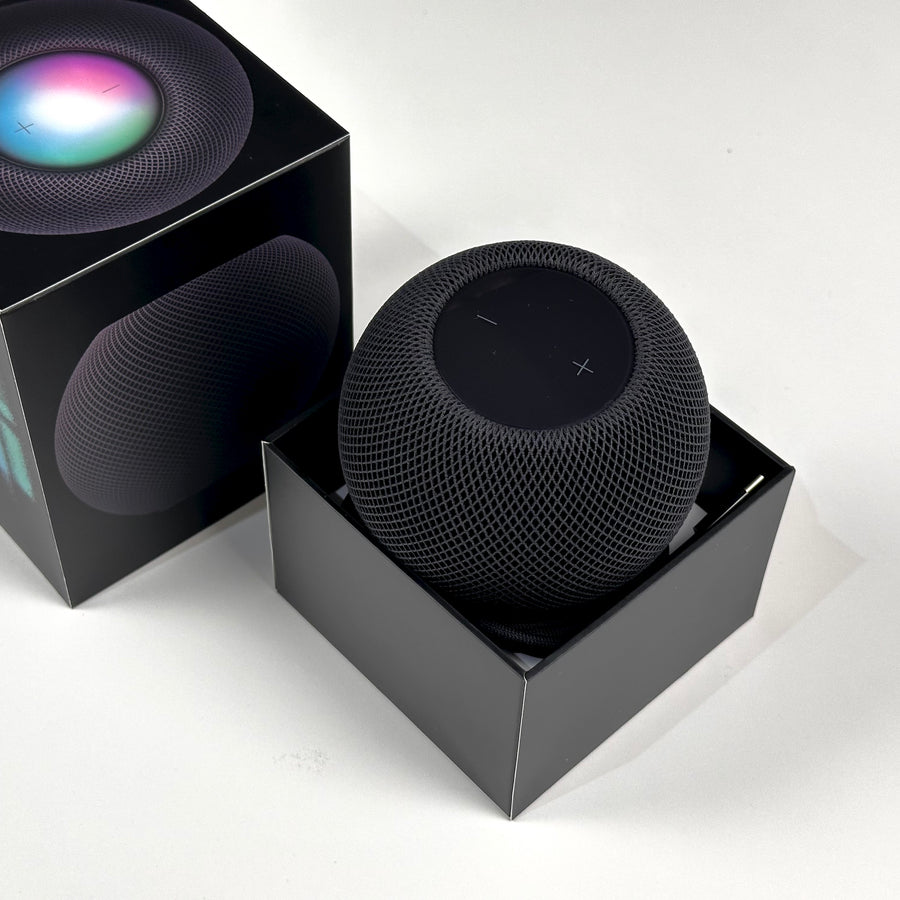 Apple HomePod mini Space Gray inside its box, top view - Pre-Owned - MacShack