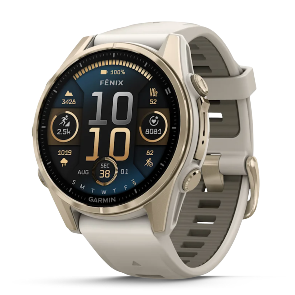 Garmin fēnix® 8 AMOLED 43mm - Sapphire Soft Gold with Fog Grey/Dark Sandstone Silicone Band
