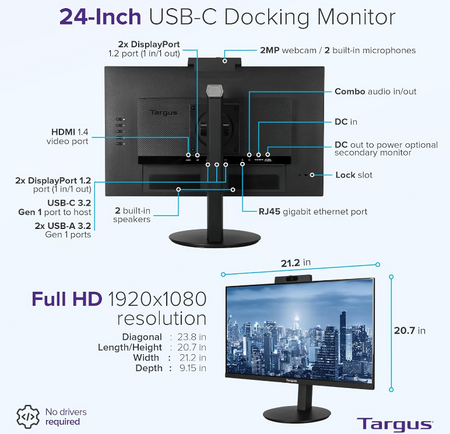 Targus 23.8-Inch USB-C Docking Monitor with 100W Power Delivery - New - Mac Shack