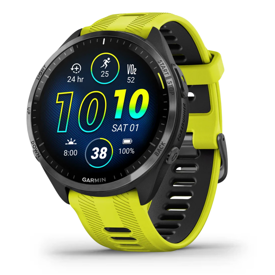 Garmin Forerunner 965 - Carbon Grey DLC Titanium Bezel with Black Case and Amp Yellow/Black Silicone Band