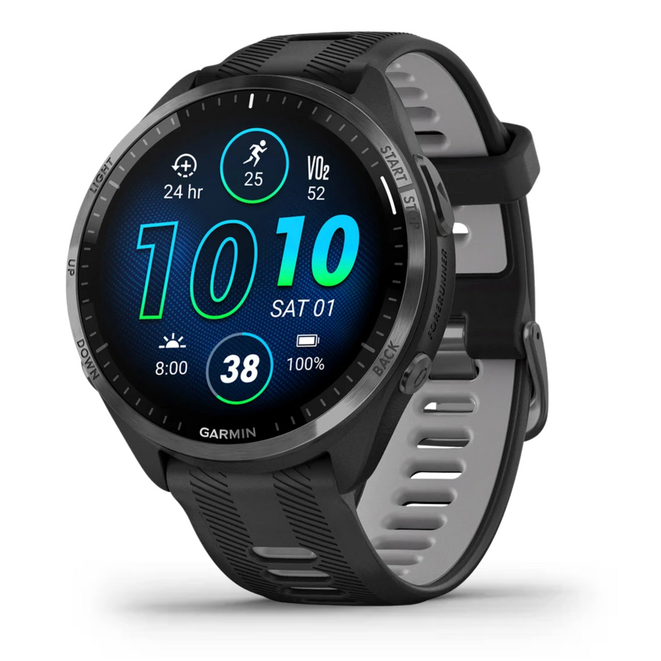 Garmin Forerunner 965 - Carbon Gray DLC Titanium Bezel with Black Case and Black/Powder Gray Silicone Band