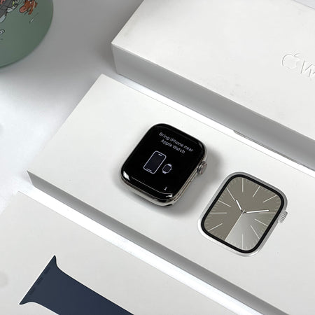 Apple Watch Series 9 (45mm, Silver Stainless Steel with Storm Blue Sports Band, GPS & Cellular) - Pre Owned / 3 Month Warranty - Mac Shack