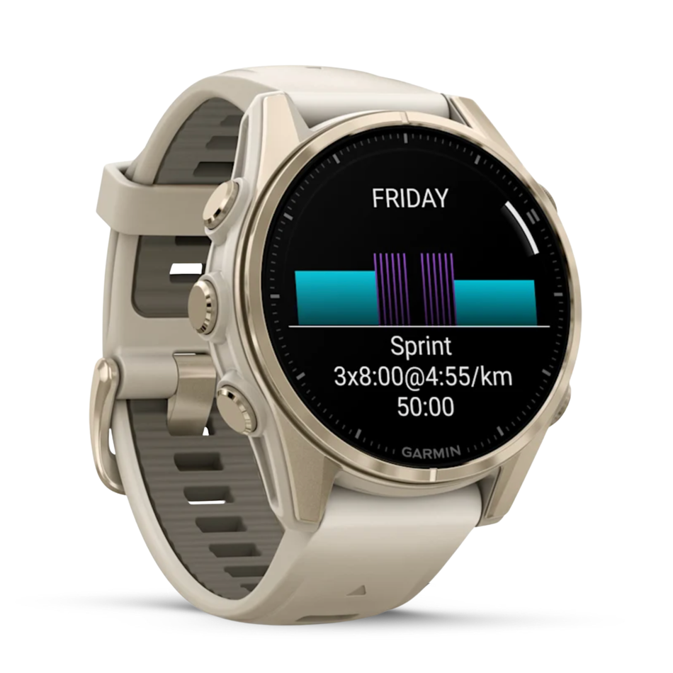 Garmin fēnix® 8 AMOLED 43mm - Sapphire Soft Gold with Fog Grey/Dark Sandstone Silicone Band