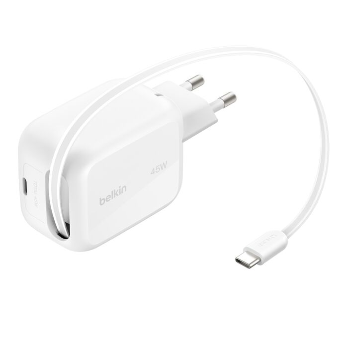 Belkin BoostCharge 45W Dual USB-C Wall Charger with Retractable Cable - White