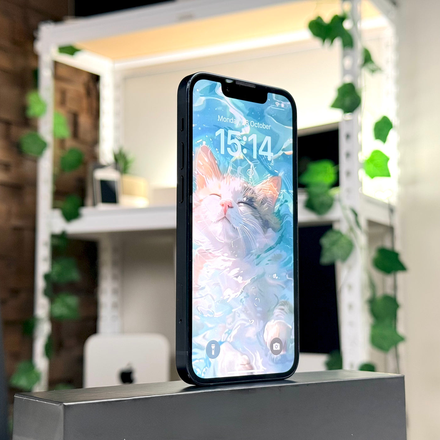 Pre-owned iPhone 13 mini Midnight standing upright on shelf, front screen view - Mac Shack