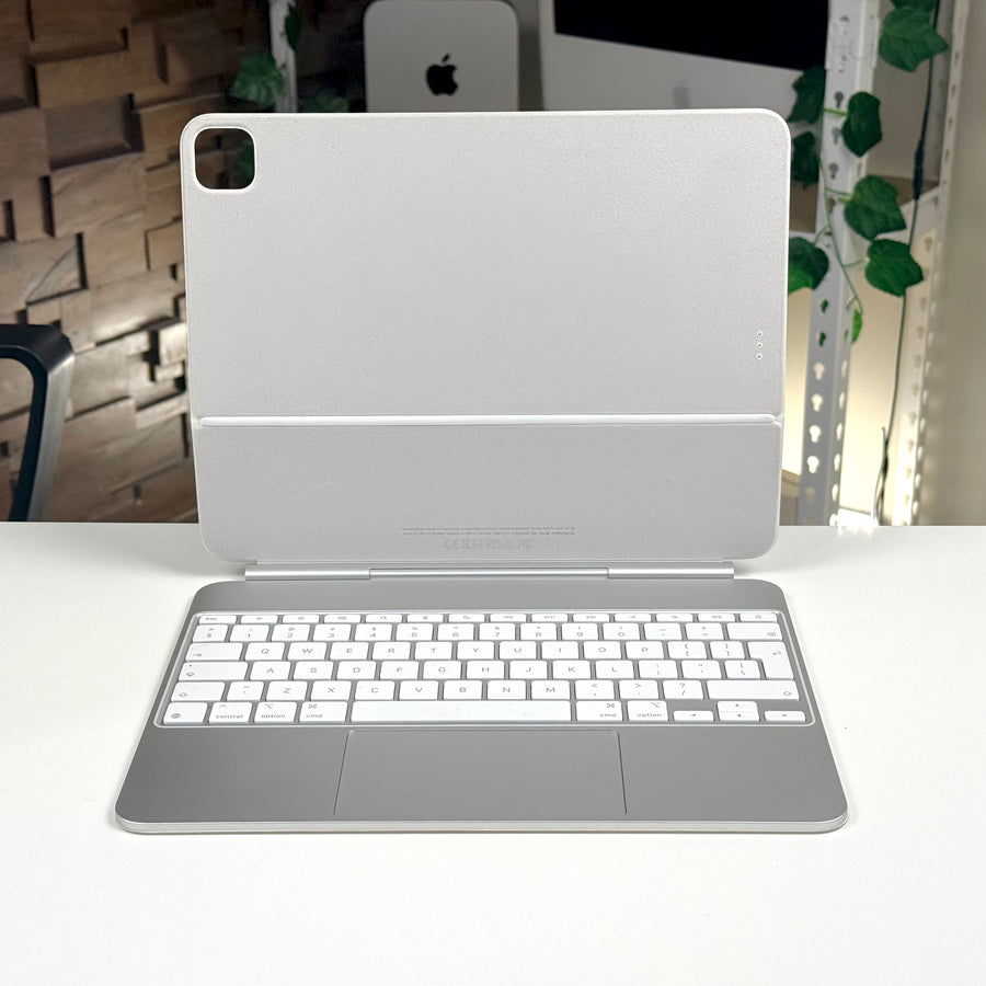 Pre-owned Apple Magic Keyboard for iPad Pro 13-inch in White, open front view with trackpad - Mac Shack