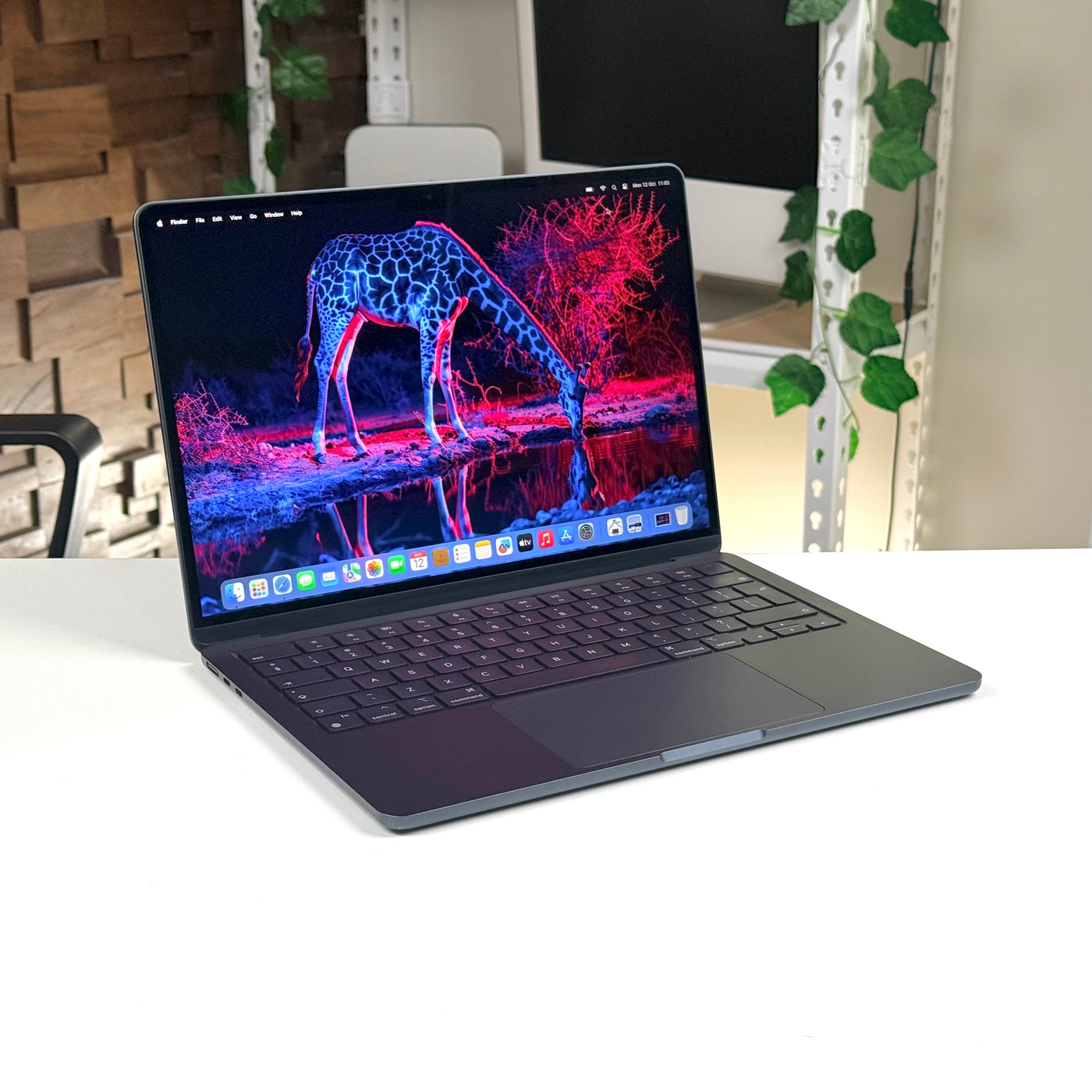 Pre-owned MacBook Air 13-inch M2 in Midnight, open at an angle on a desk - Mac Shack
