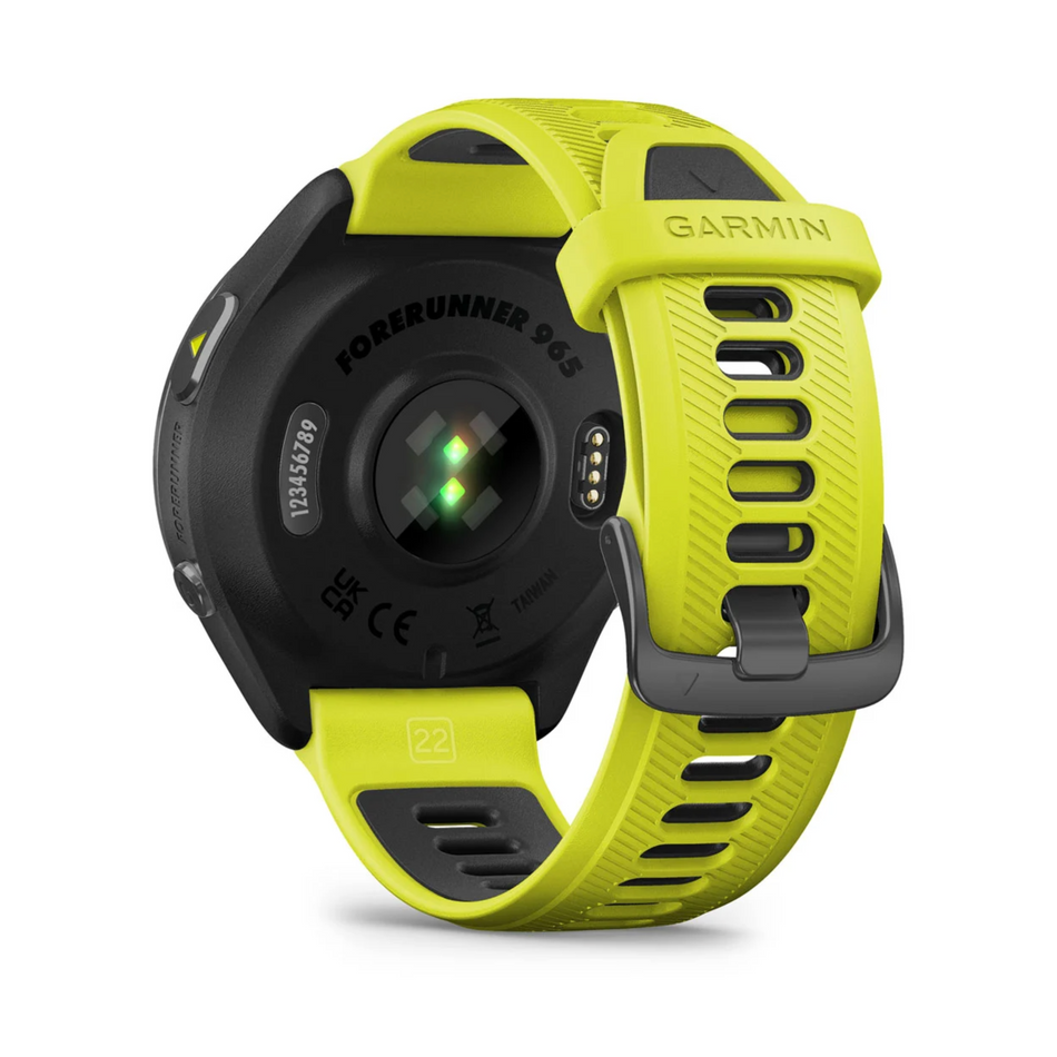 Garmin Forerunner 965 - Carbon Grey DLC Titanium Bezel with Black Case and Amp Yellow/Black Silicone Band