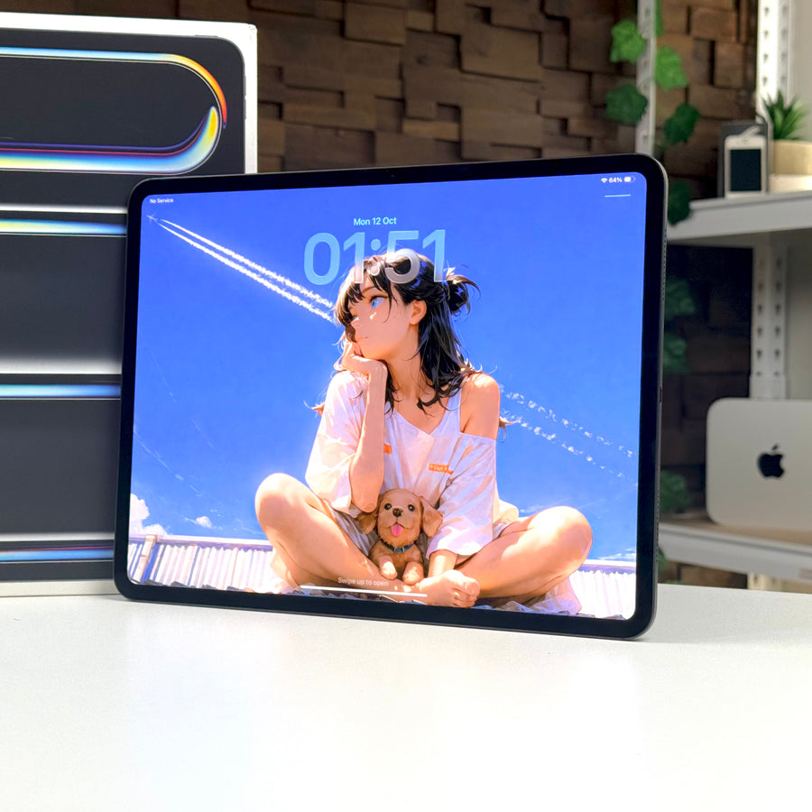 Pre-owned iPad Pro 13-inch M4 Space Black in landscape with the display on - Mac Shack