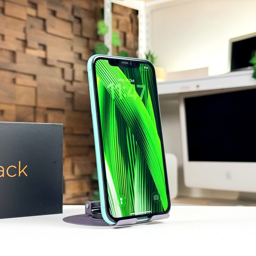 Pre-owned iPhone 11 Green standing upright, front screen view - Mac Shack