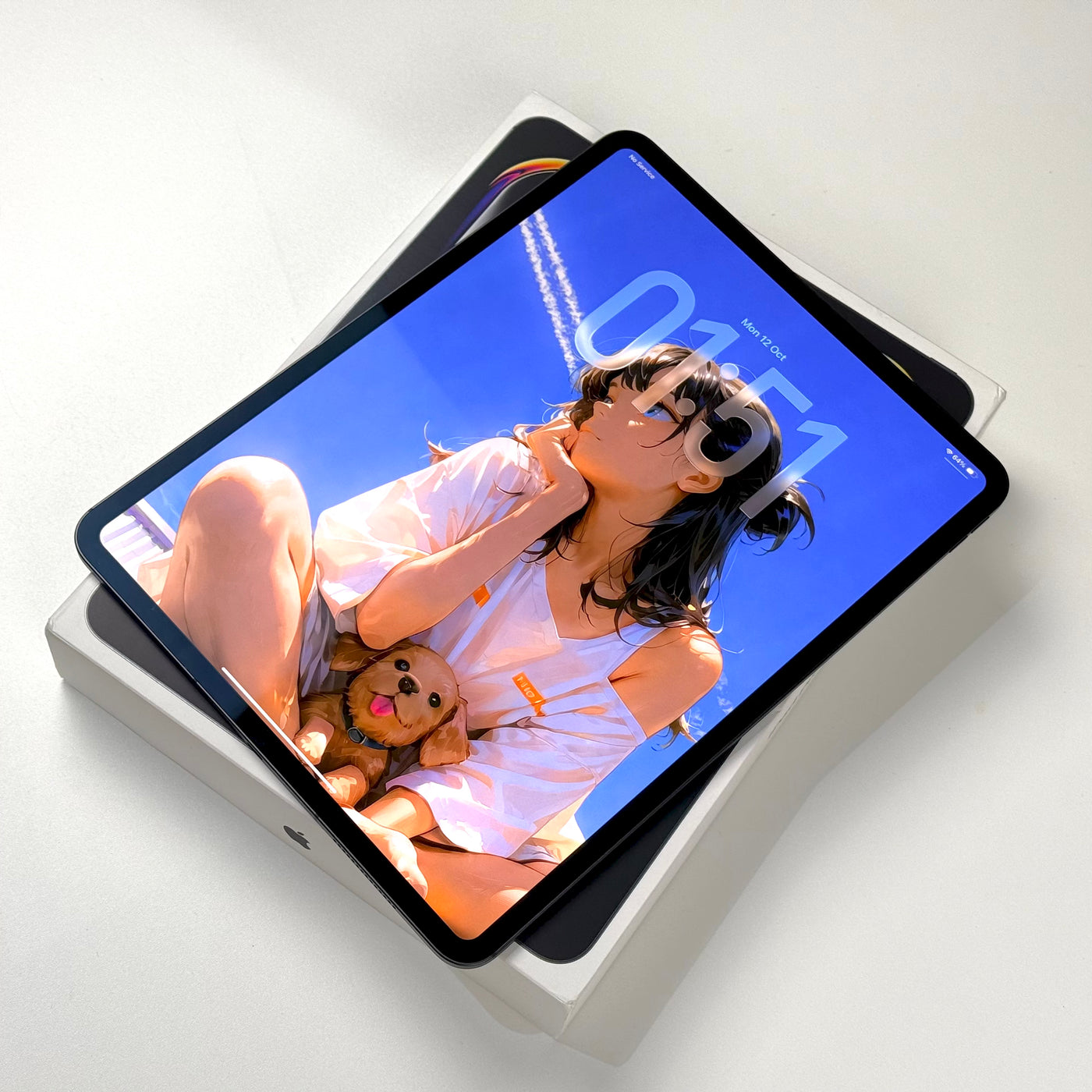 Pre-owned iPad Pro 13-inch M4 Space Black, screen on, resting on its box - Mac Shack