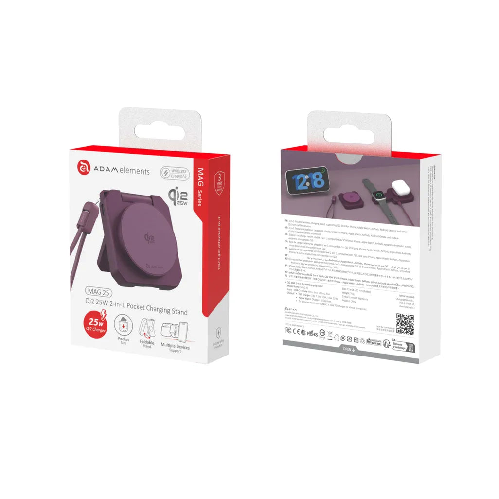 Adam Elements MAG 25 Qi2 25W 2-in-1 Pocket Charging Stand – Burgundy
