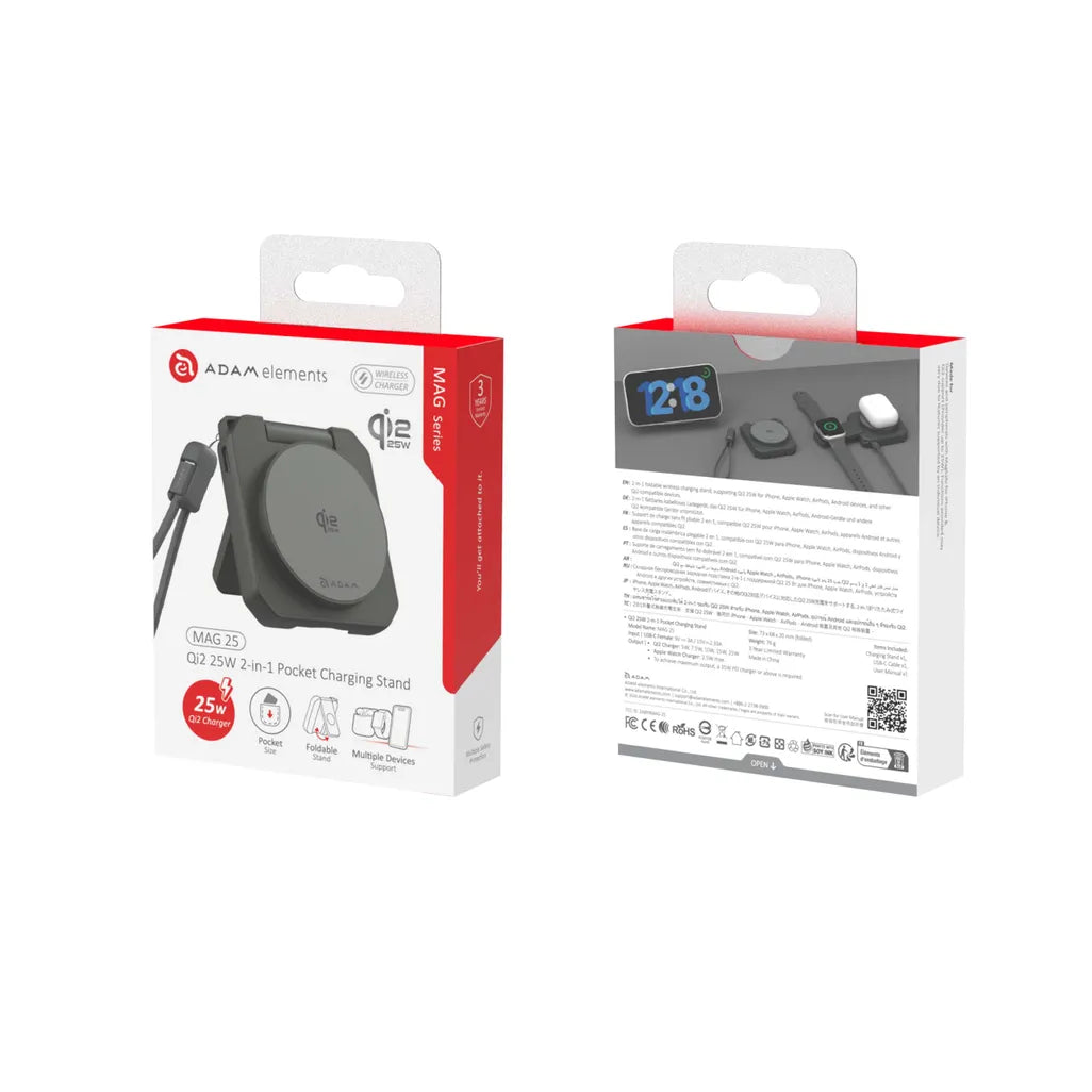 Adam Elements MAG 25 Qi2 25W 2-in-1 Pocket Charging Stand – Grey