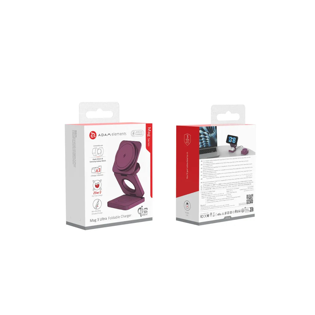 Product Title: Adam Elements Mag 3 Ultra Qi2 3-in-1 Foldable Charging Station – Burgundy