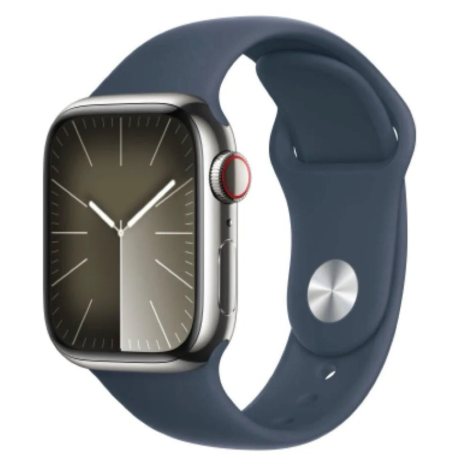 Apple Watch Series 9 (45mm, Stainless Steel with Storm Blue Sports Band, GPS & Cellular) - Pre Owned / Apple Limited Warranty