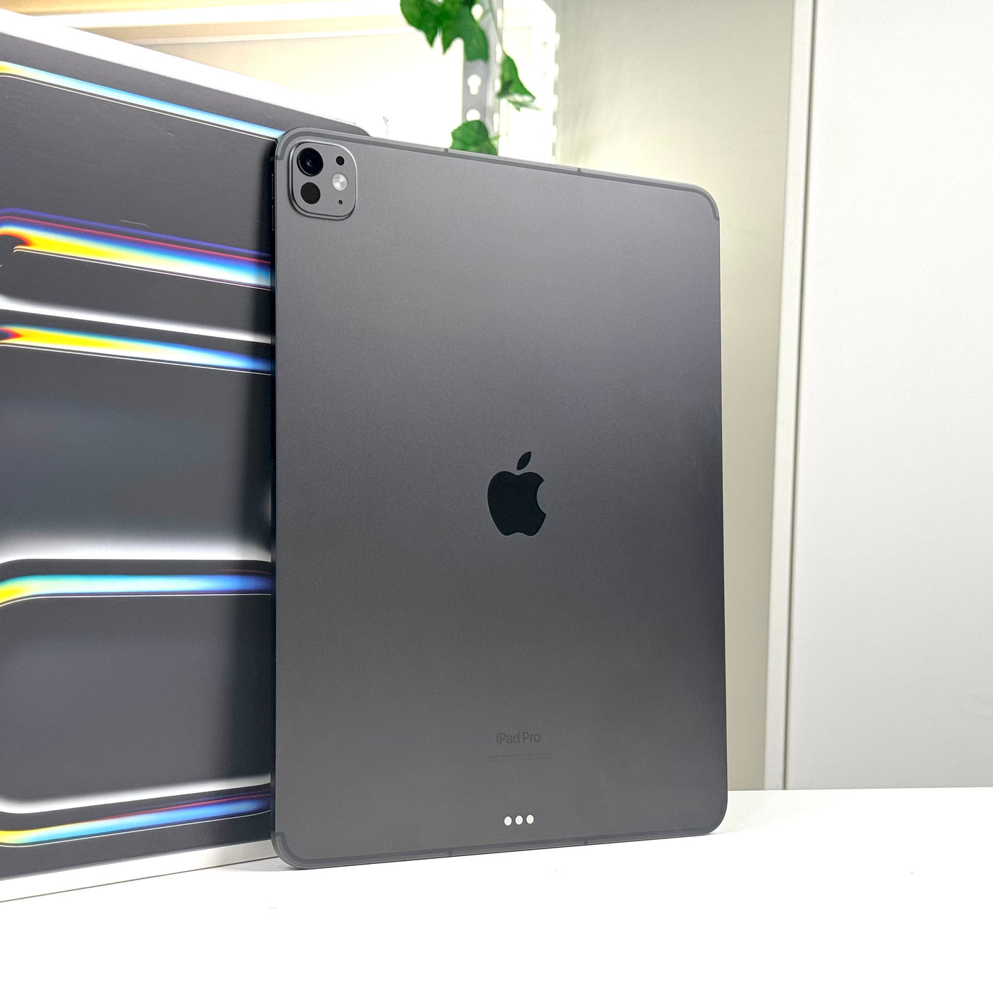 Back of a pre-owned iPad Pro 13-inch M4 256GB Cellular in Space Black, standing upright - Mac Shack