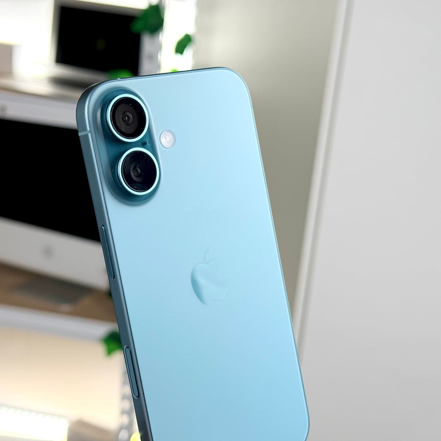 Pre-owned iPhone 16 Teal back and side buttons, close-up of camera - MacShack