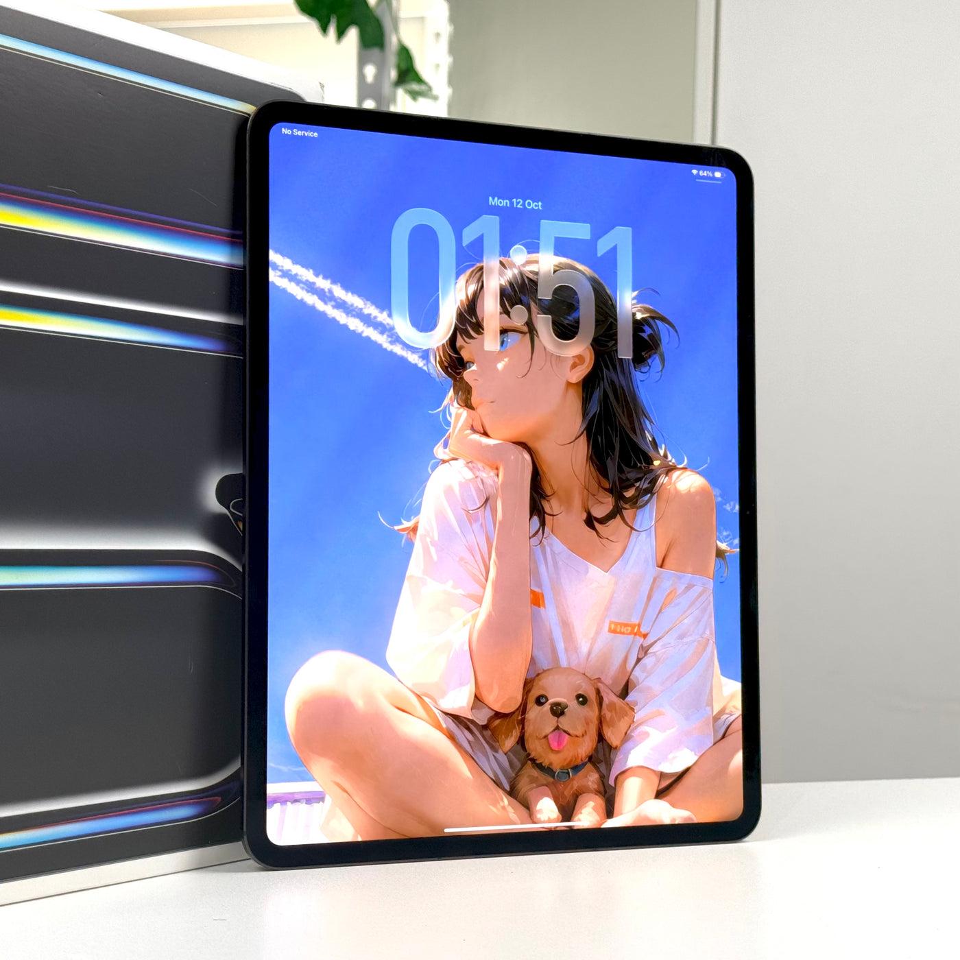 Pre-owned iPad Pro 13-inch M4 Space Black standing upright with the display on - Mac Shack