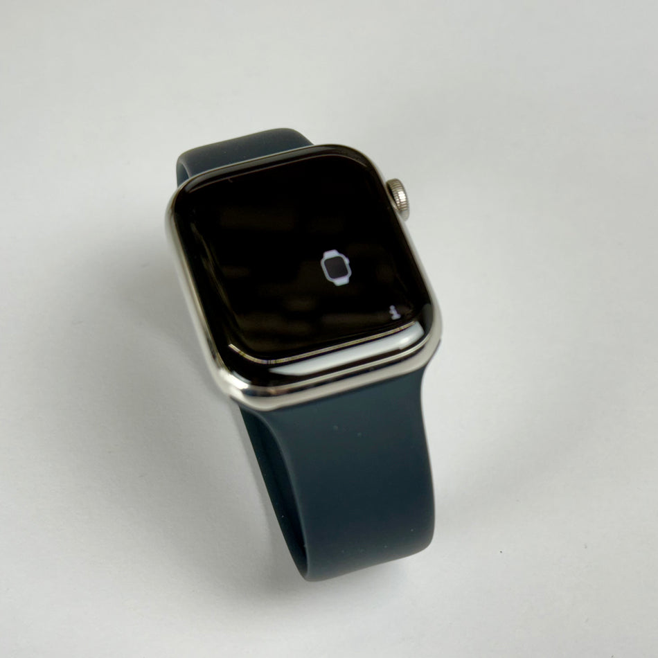 Apple Watch Series 9 (45mm, Stainless Steel with Storm Blue Sports Band, GPS & Cellular) - Pre Owned / Apple Limited Warranty