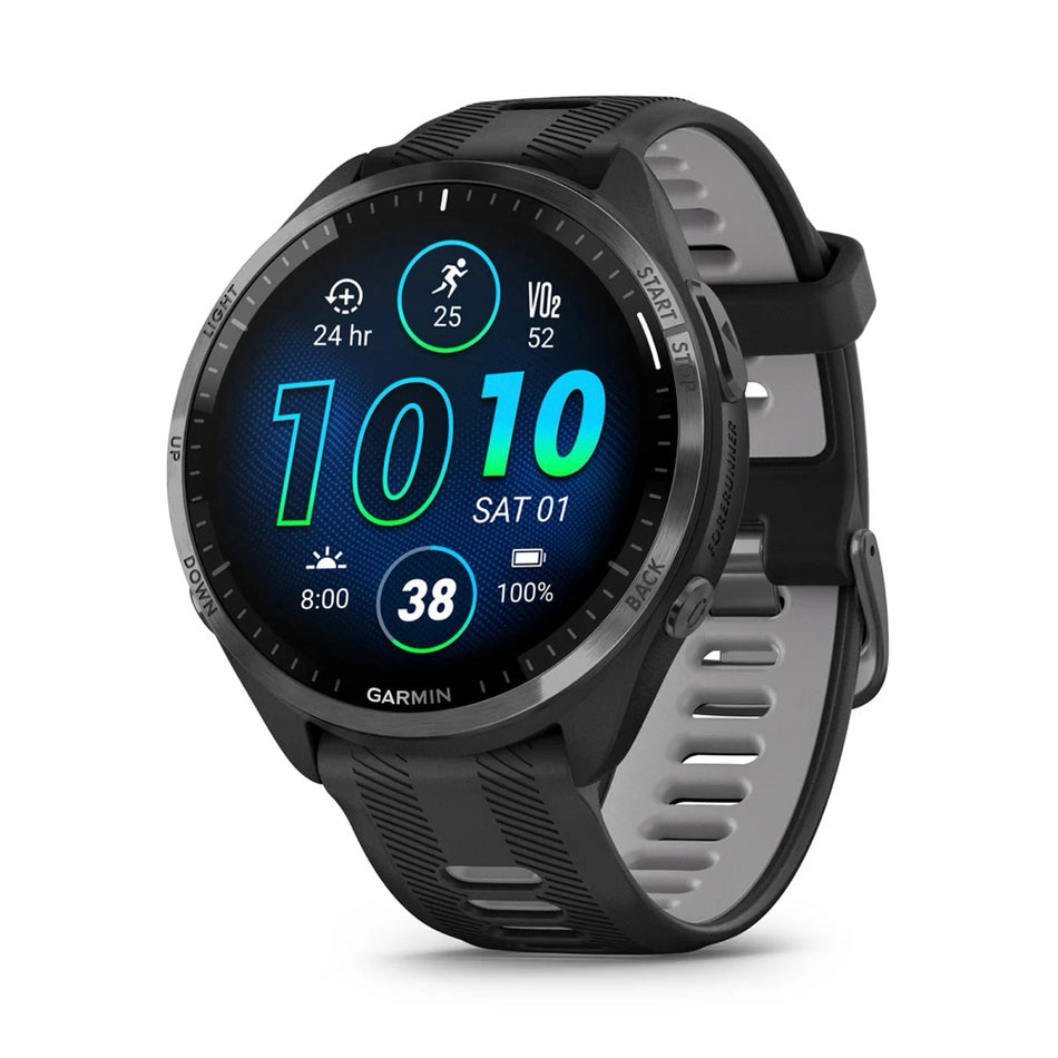 Garmin Forerunner® 965 AMOLED 47mm - Carbon Gray DLC Titanium Bezel with Black Case and Black/Powder Gray Silicone Band