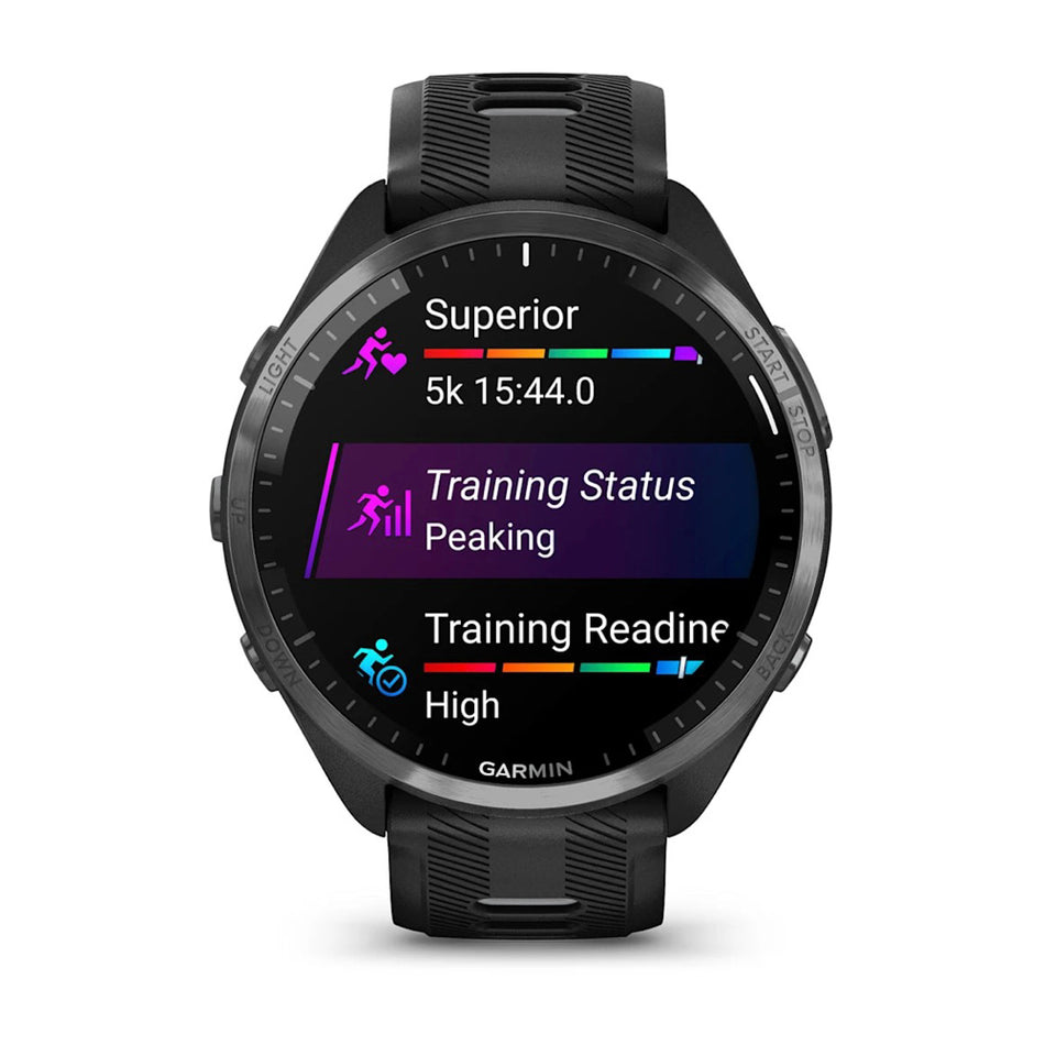 Garmin Forerunner® 965 AMOLED 47mm - Carbon Gray DLC Titanium Bezel with Black Case and Black/Powder Gray Silicone Band