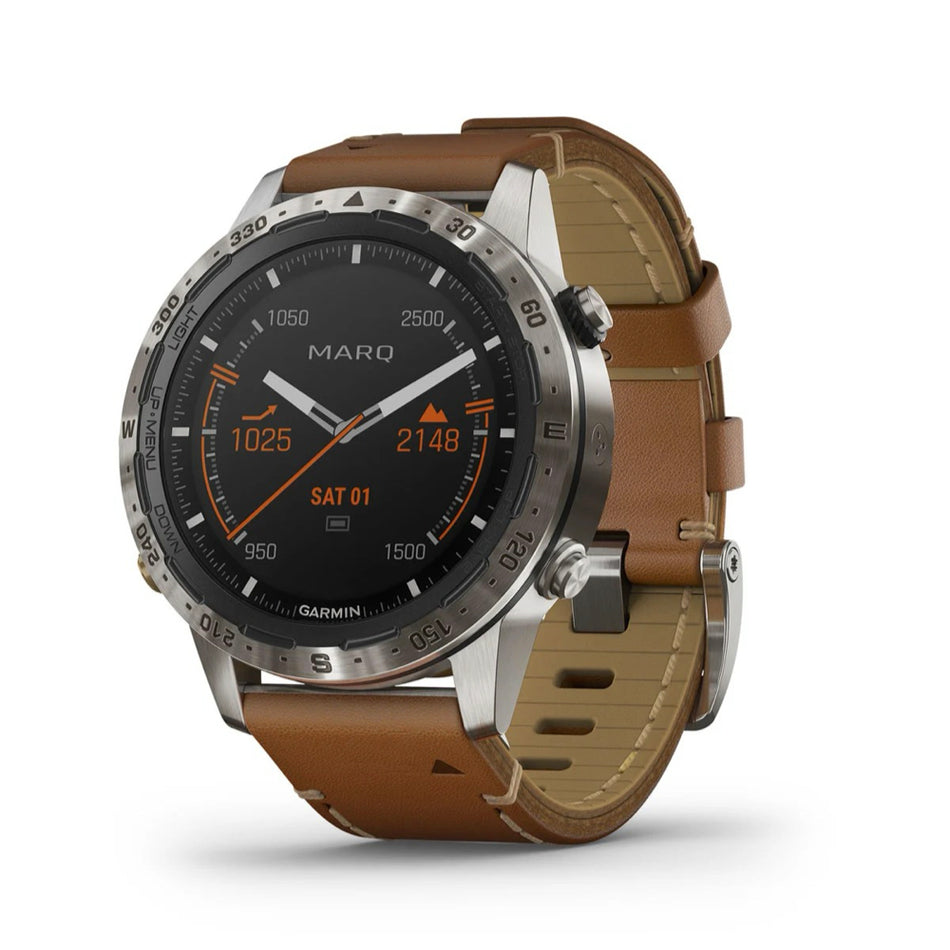 Garmin MARQ™ Adventurer Sapphire (46mm, Carbon Gray DLC Titanium with Brown Leather Band) - Pre Owned / 3 Month Warranty