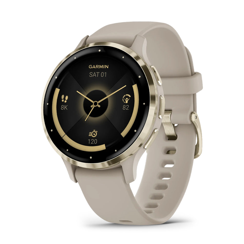 Garmin Venu® 3S 30mm - Soft Gold Stainless Steel Bezel with French Gray Case and Silicone Band