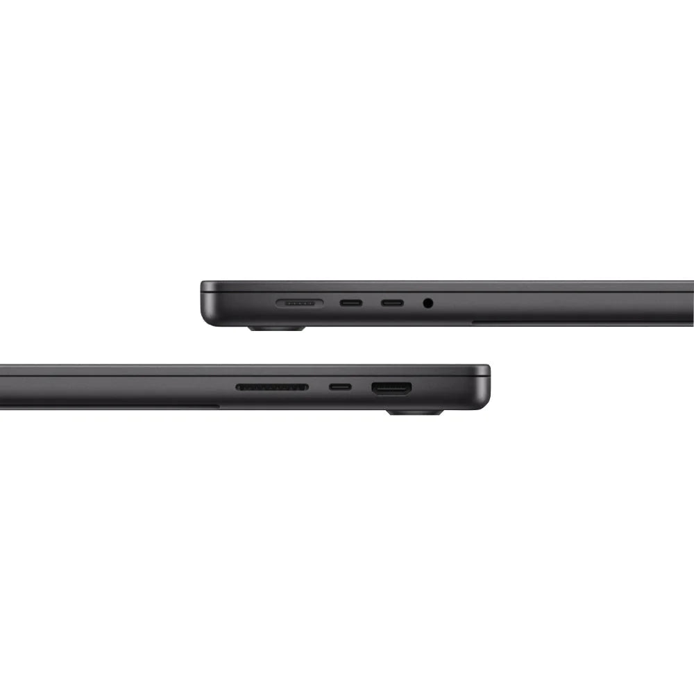MacBook Pro 16-inch M3 Pro Space Black side profiles showing MagSafe 3, Thunderbolt 4, headphone jack, SDXC and HDMI ports