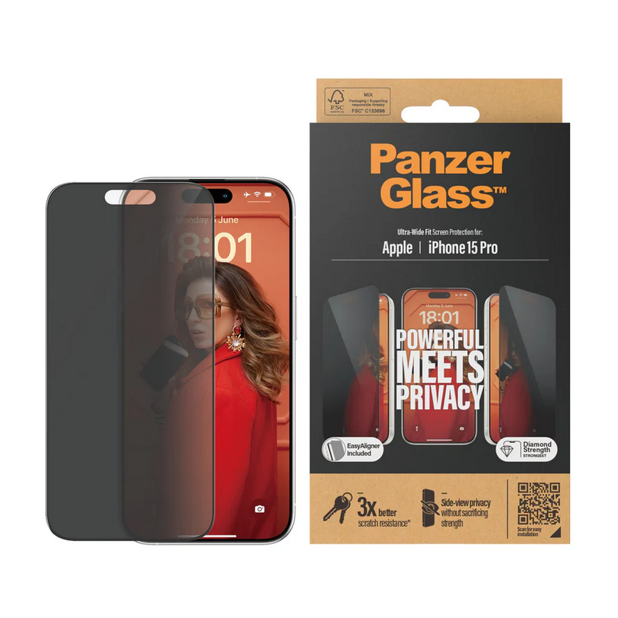 PanzerGlass® Privacy Screen Protector iPhone 15 Pro - Ultra-Wide Fit