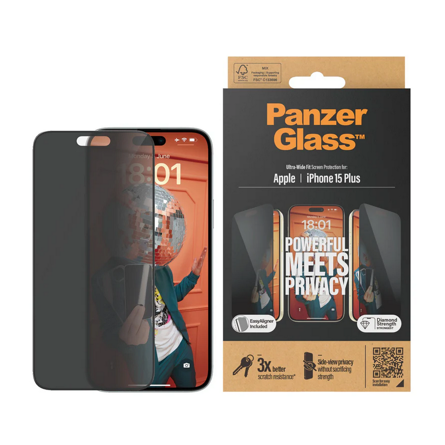 PanzerGlass® Privacy Screen Protector iPhone 15 Plus - Ultra-Wide Fit