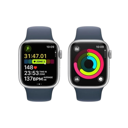 Apple Watch Series 9 (45mm, Silver Aluminium with Storm Blue Sports Band, GPS & Cellular) - New / 1 Year Apple Warranty