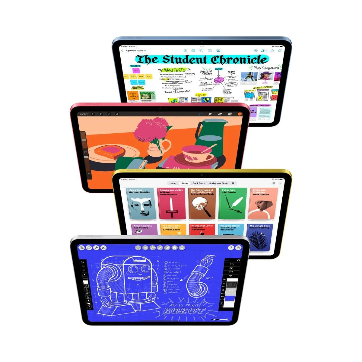 Four iPad (A16) models showing apps for notes, drawing, reading and design - Mac Shack