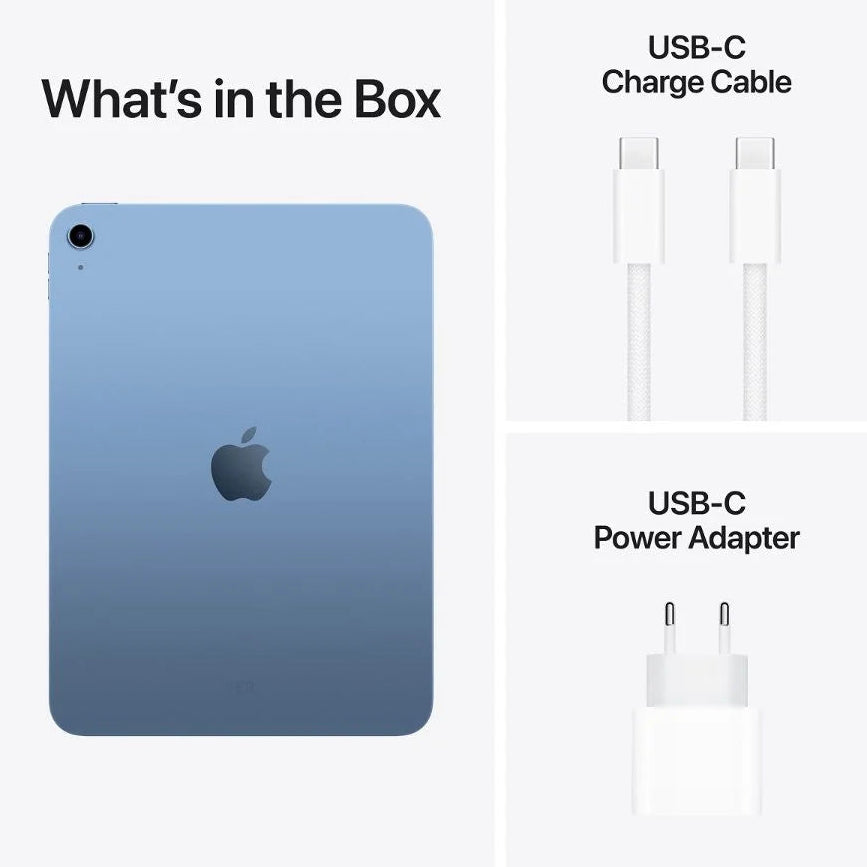 What's in the box graphic: iPad (A16) in Blue, USB-C charge cable and USB-C power adapter - Mac Shack