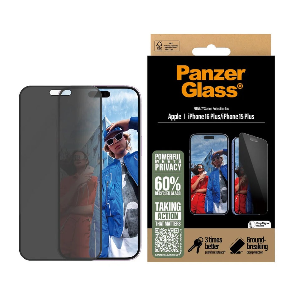 PanzerGlass® Privacy Screen Protector iPhone 16 Plus - Ultra-Wide Fit
