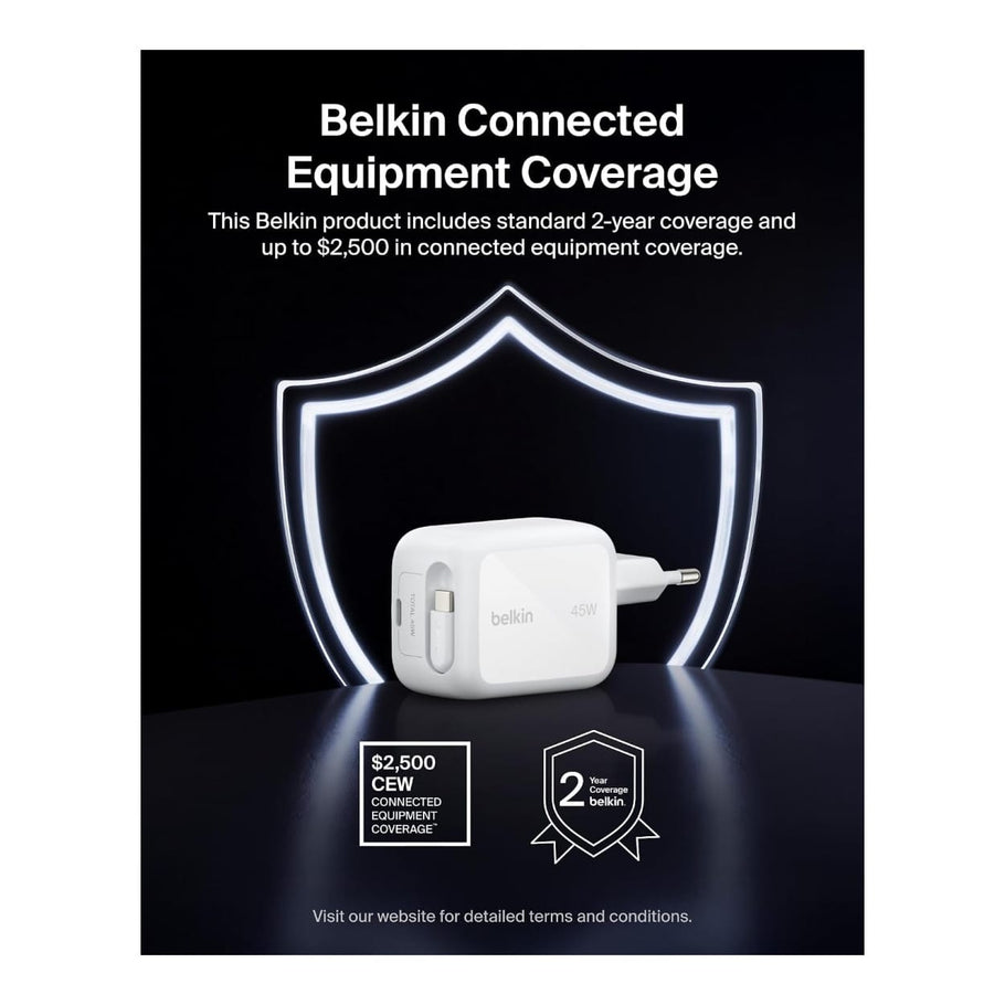 Belkin BoostCharge 45W Dual USB-C Wall Charger with Retractable Cable - White