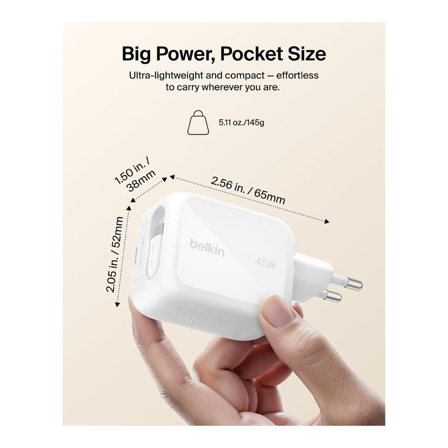 Belkin BoostCharge 45W Dual USB-C Wall Charger with Retractable Cable - White