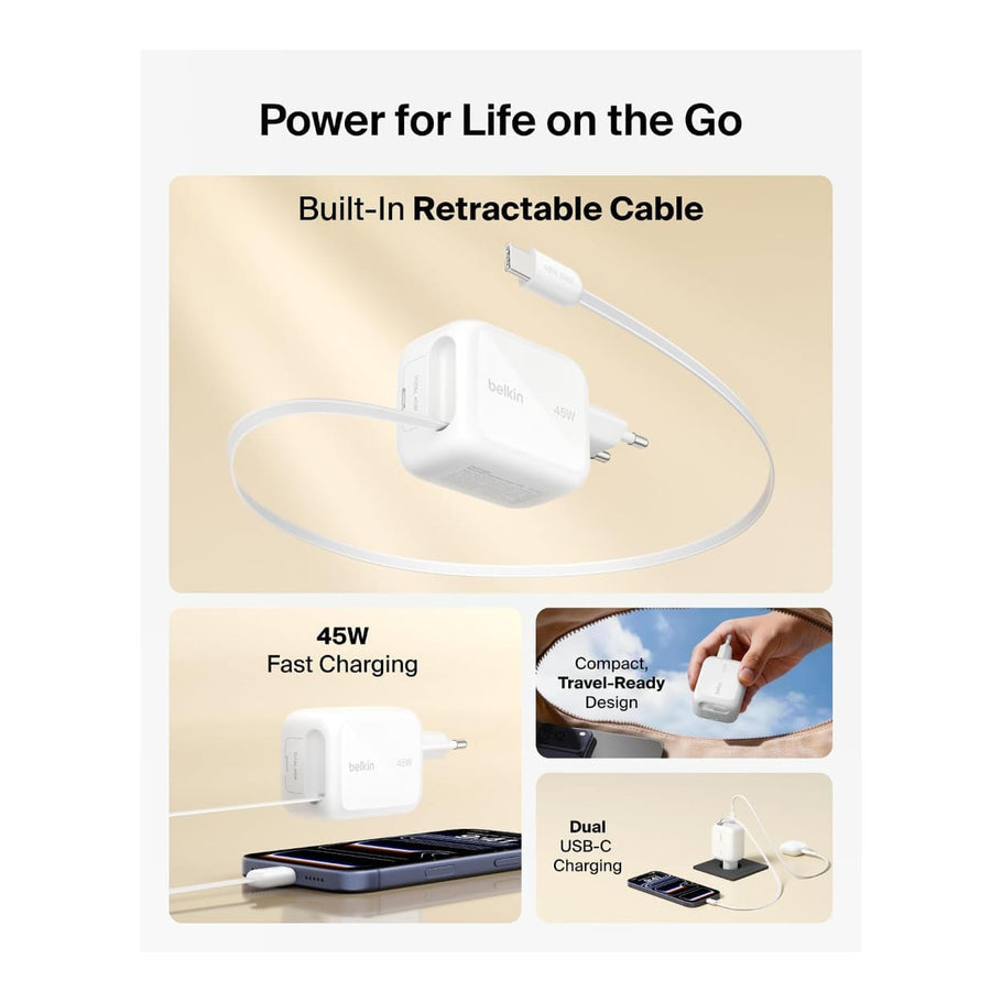 Belkin BoostCharge 45W Dual USB-C Wall Charger with Retractable Cable - White
