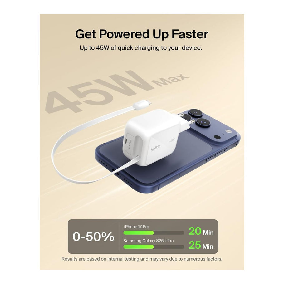 Belkin BoostCharge 45W Dual USB-C Wall Charger with Retractable Cable - White