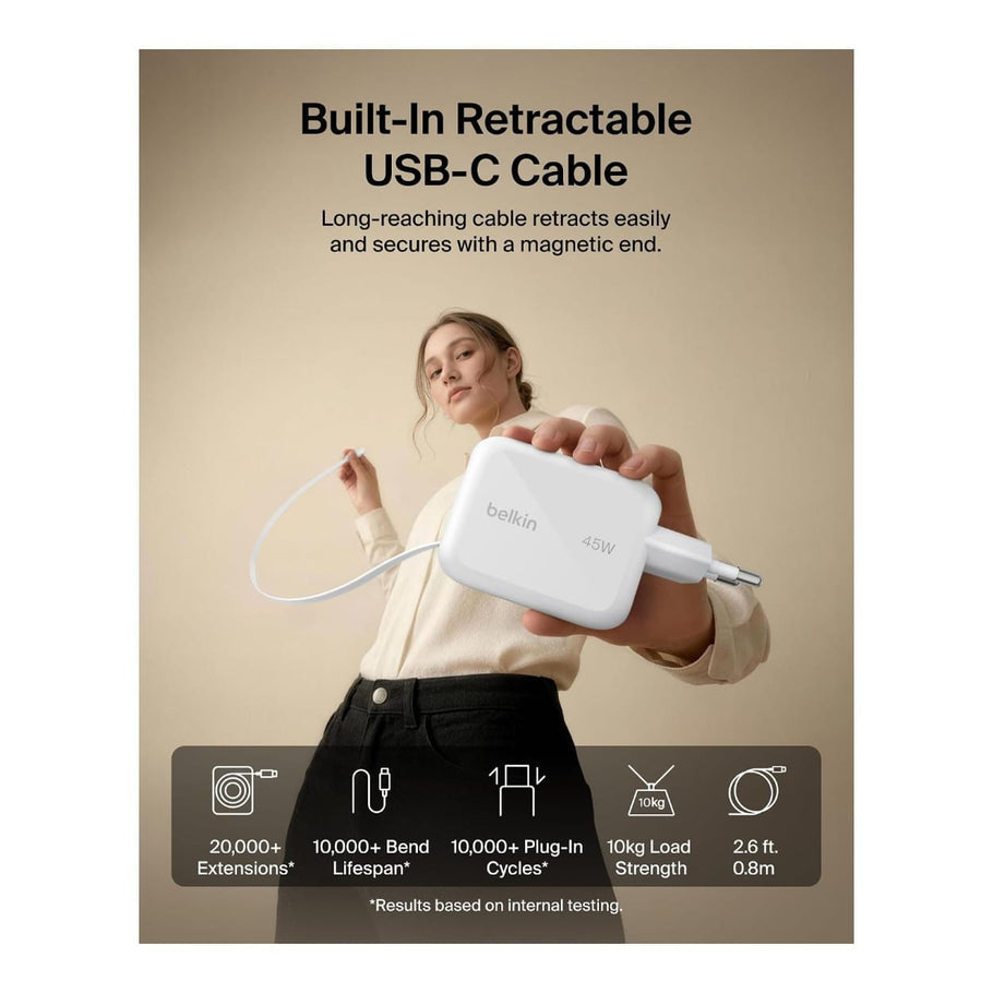 Belkin BoostCharge 45W Dual USB-C Wall Charger with Retractable Cable - White