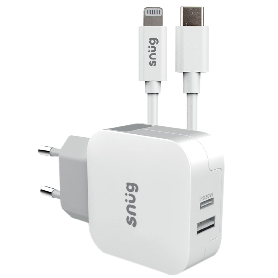 Snüg 2 USB Port (1 USB and 1 Type C) 42W PD Fast Charging Wall Charger plus 1.5m Type C to Lightning Cable - Mac Shack